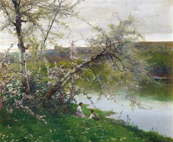 Romantic couple near a river by Manuel Garcia y Rodriguez
